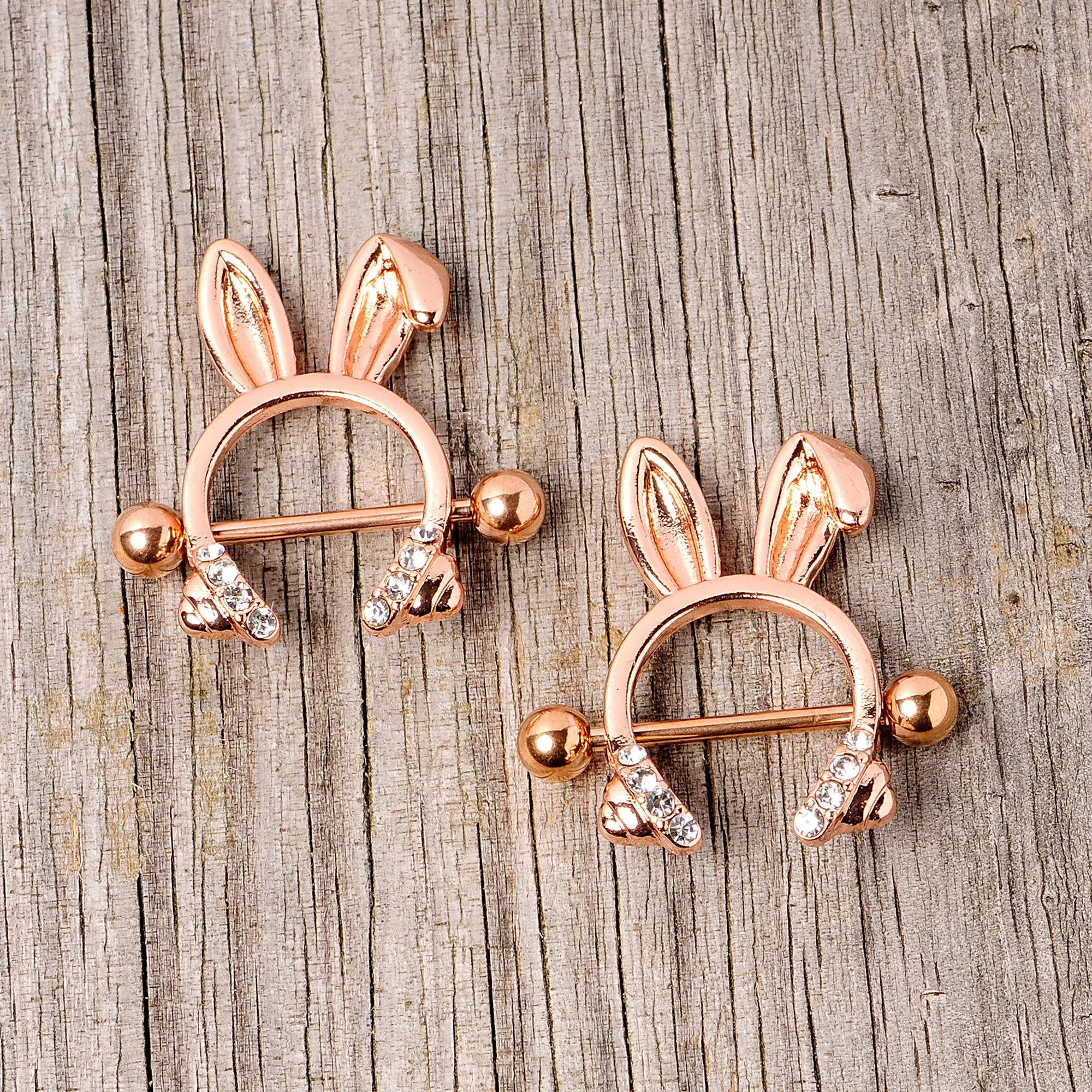 14 Gauge 9/16 Clear Gem Rose Gold Tone Bunny Ear Headphones Nipple Shield Set