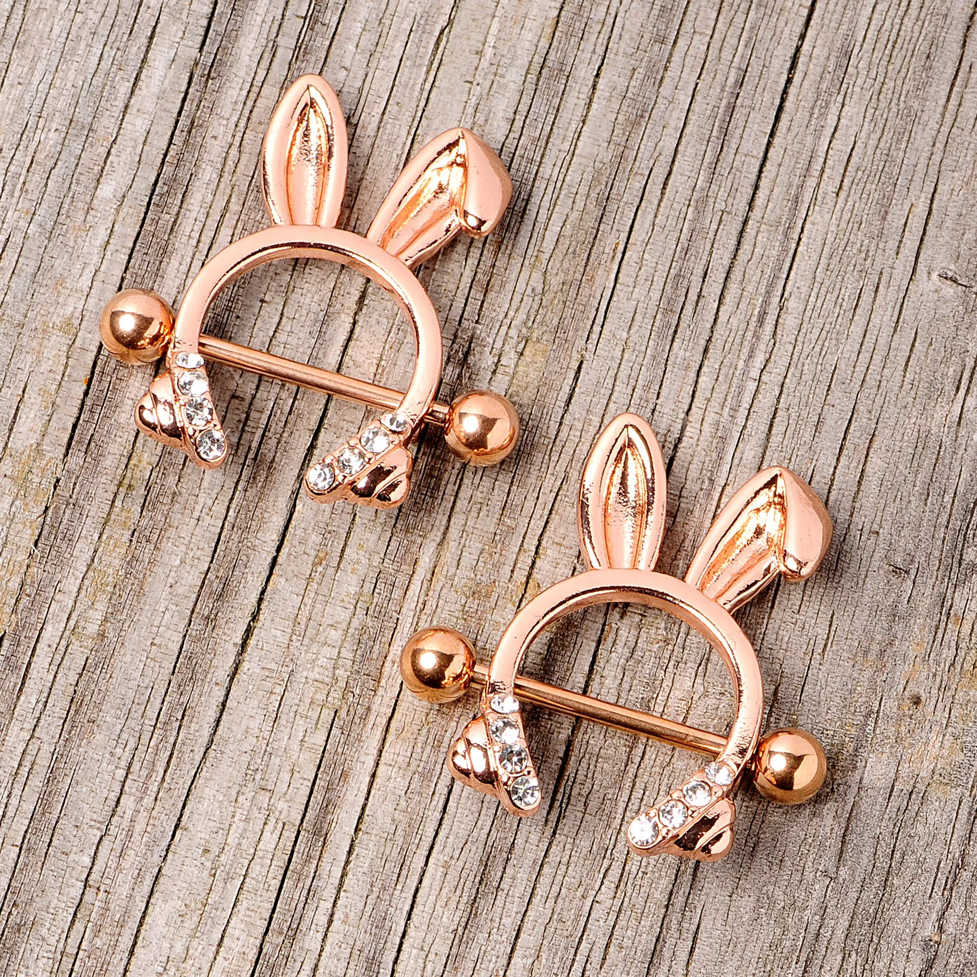 14 Gauge 9/16 Clear Gem Rose Gold Tone Bunny Ear Headphones Nipple Shield Set