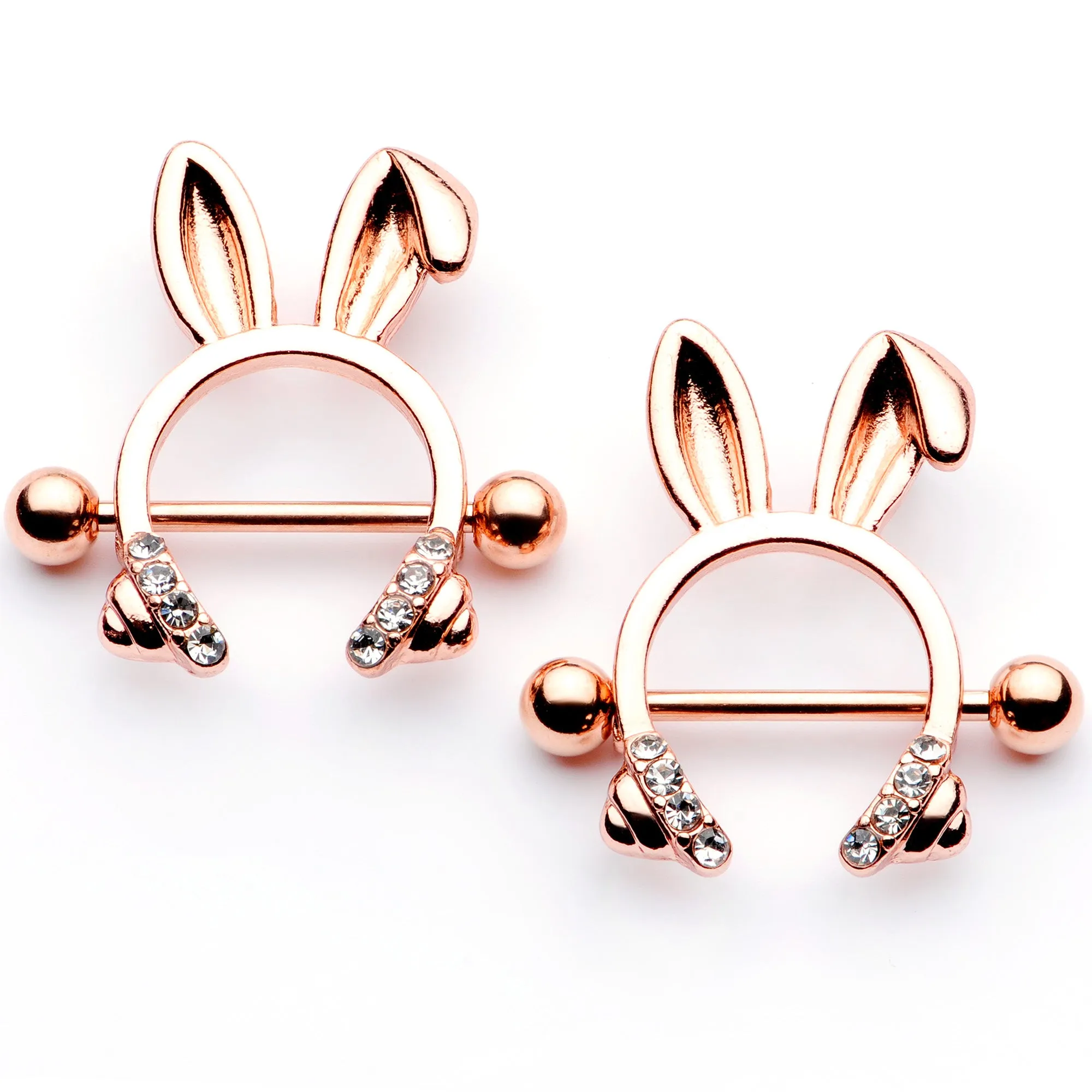 14 Gauge 9/16 Clear Gem Rose Gold Tone Bunny Ear Headphones Nipple Shield Set