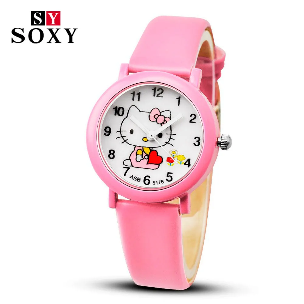 2017 Hello Kitty Cartoon Watches Kid Girls Leather Straps Wristwatch Children Hellokitty Quartz Watch Montre Enfant