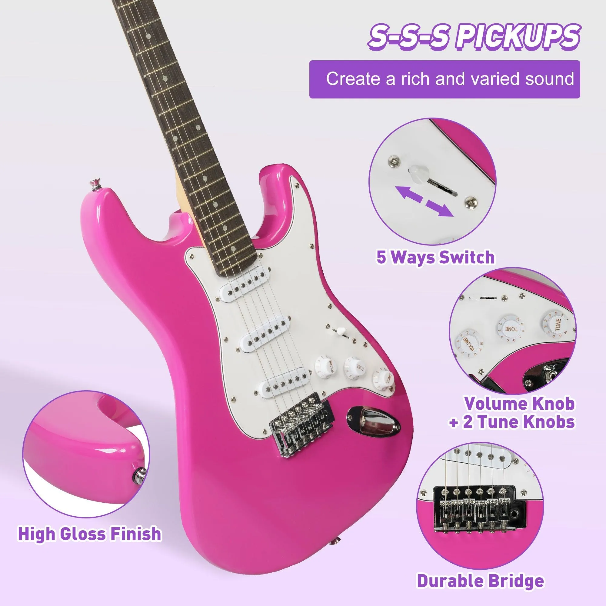 39.5" Full Size Electric Guitar Kit for Beginners with 10W Amplifier, Pink