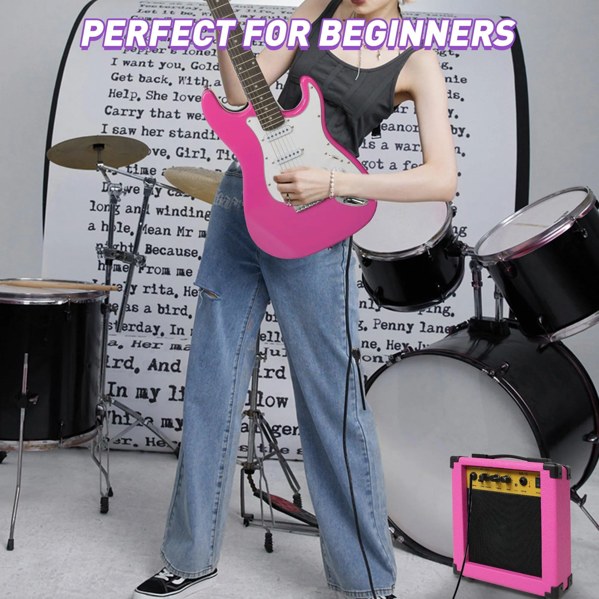 39.5" Full Size Electric Guitar Kit for Beginners with 10W Amplifier, Pink