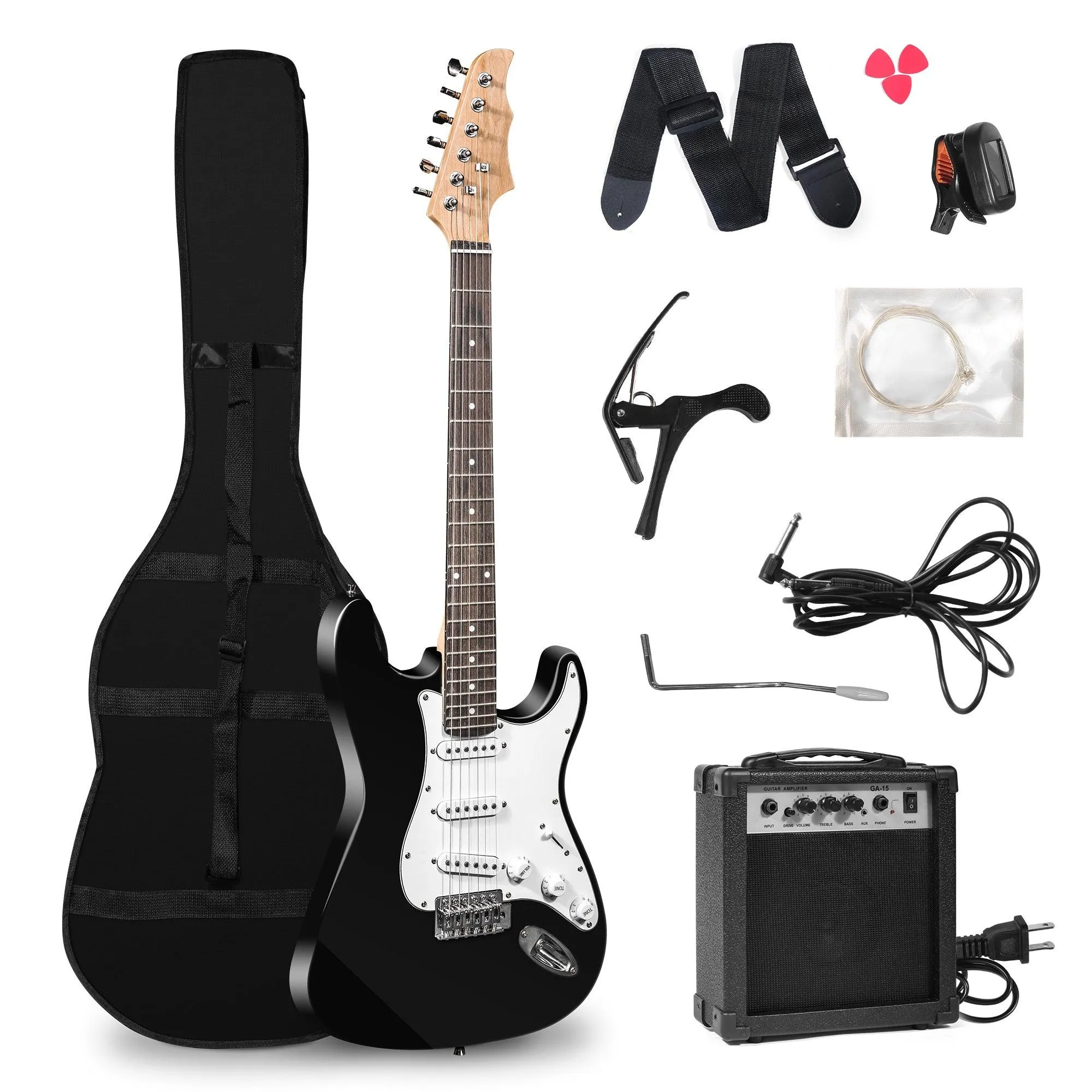 39.5" Full Size Electric Guitar Kit for Beginners with Amplifier, Black and White