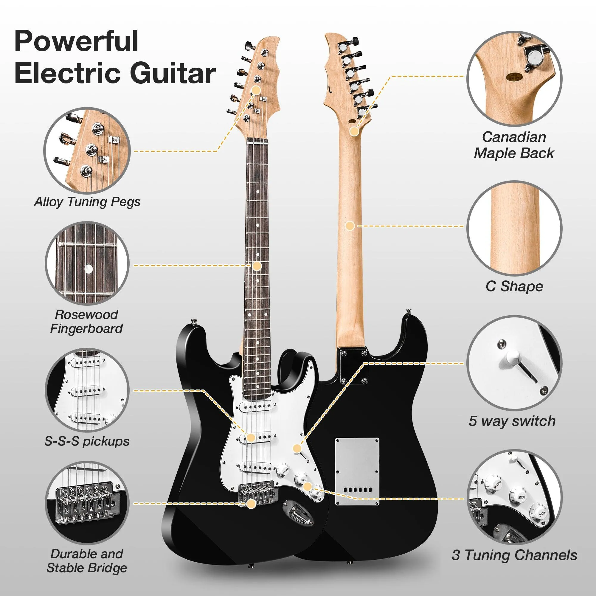 39.5" Full Size Electric Guitar Kit for Beginners with Amplifier, Black and White