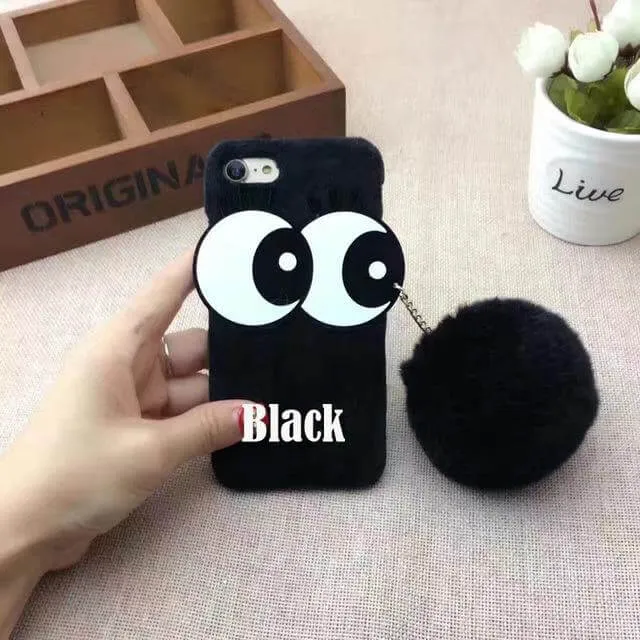 3D NBling Big Eyes With Real Soft Fur Ball Iphone Cases