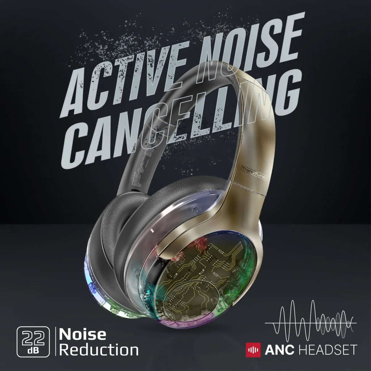 Active Noise Cancelling Hi-Fi Stereo Wireless Headphones with RGB Lights