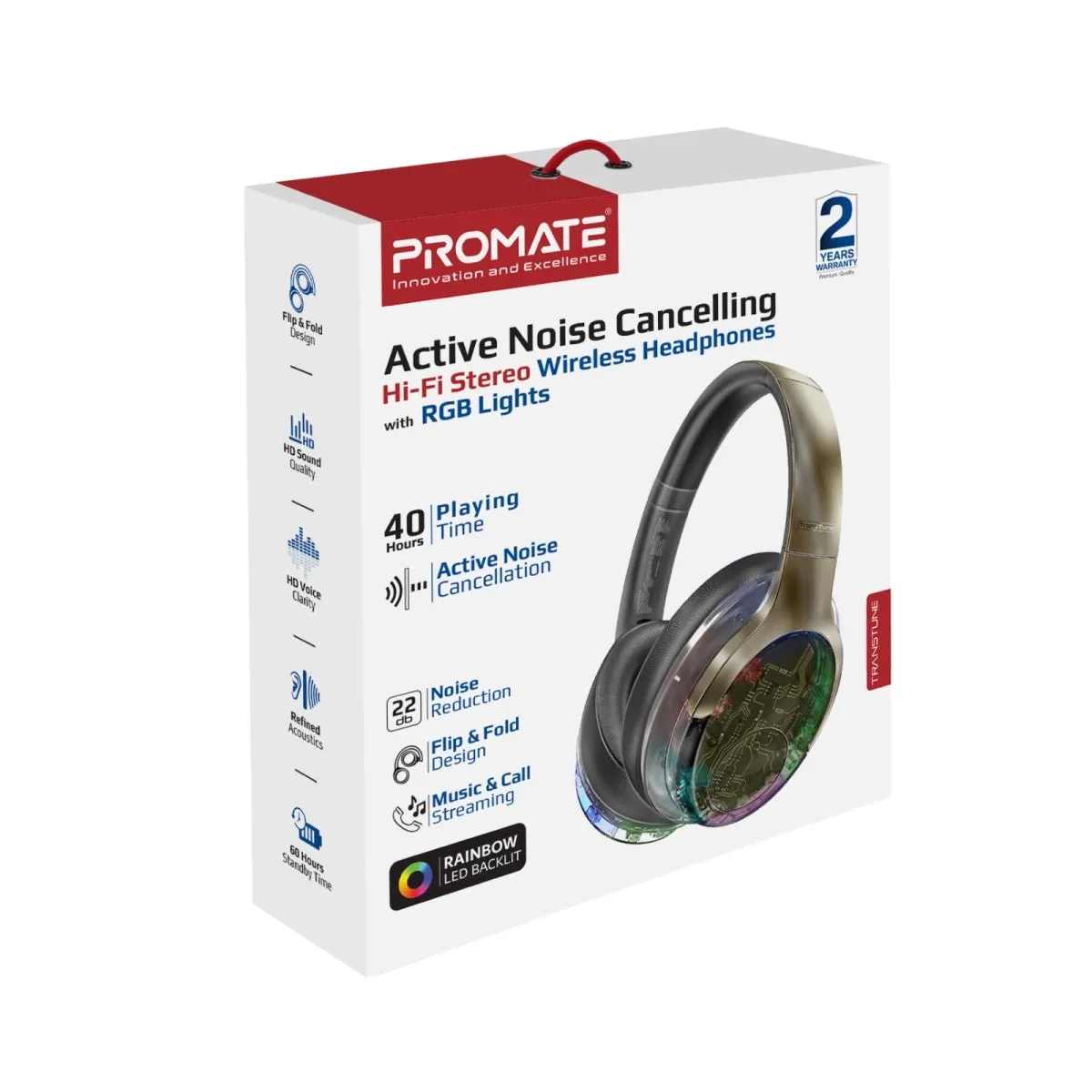 Active Noise Cancelling Hi-Fi Stereo Wireless Headphones with RGB Lights