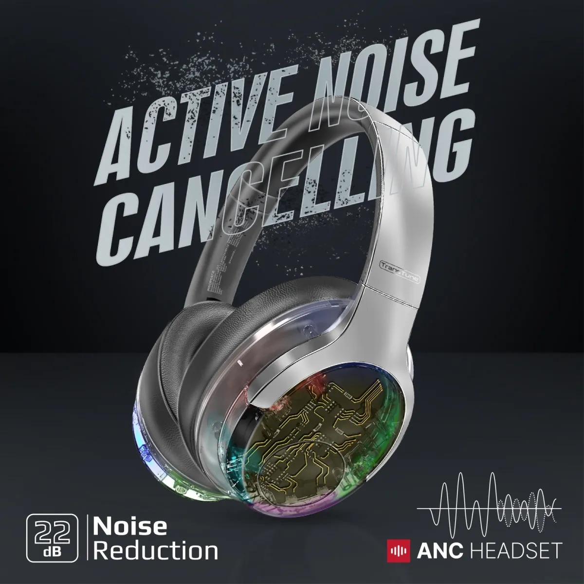 Active Noise Cancelling Hi-Fi Stereo Wireless Headphones with RGB Lights