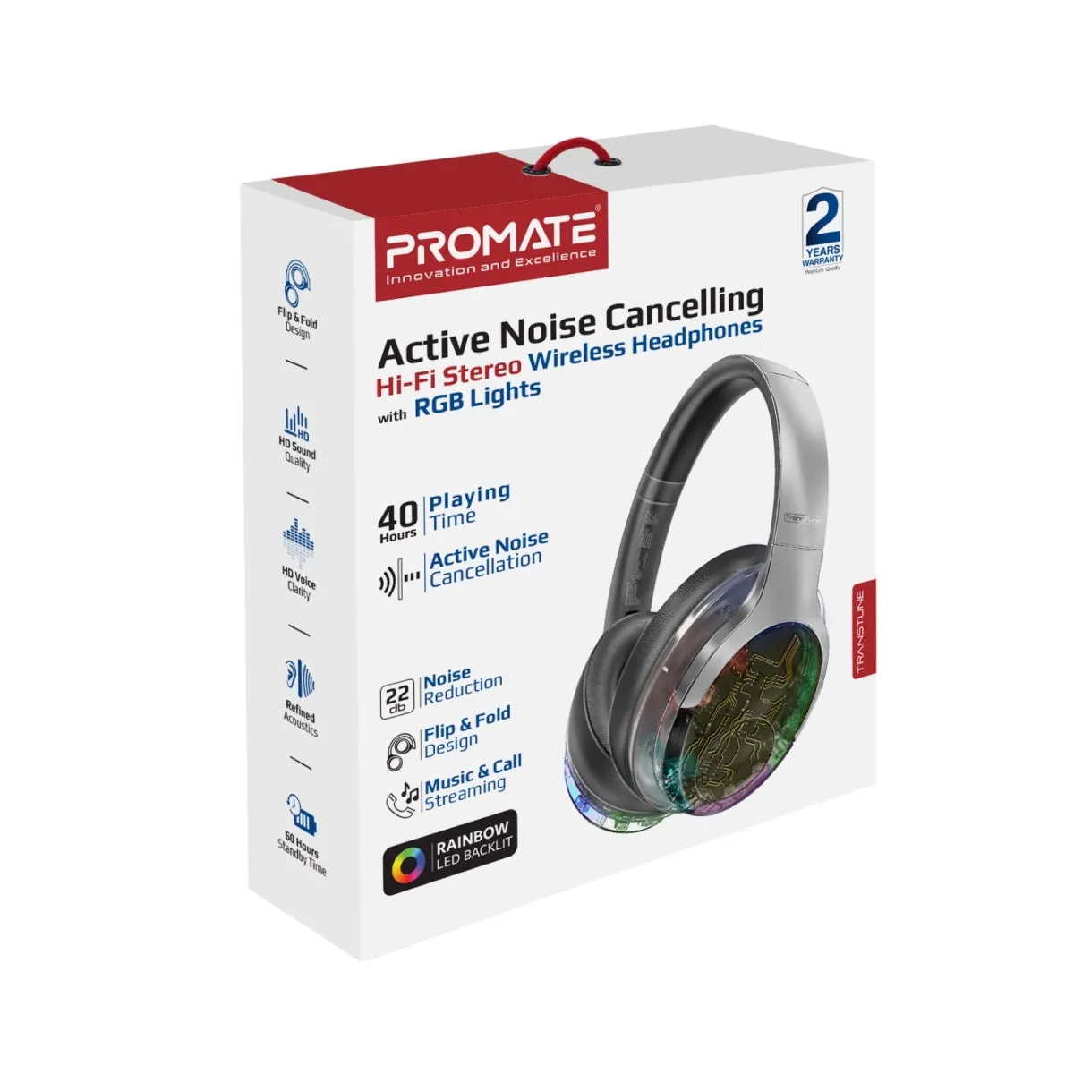 Active Noise Cancelling Hi-Fi Stereo Wireless Headphones with RGB Lights