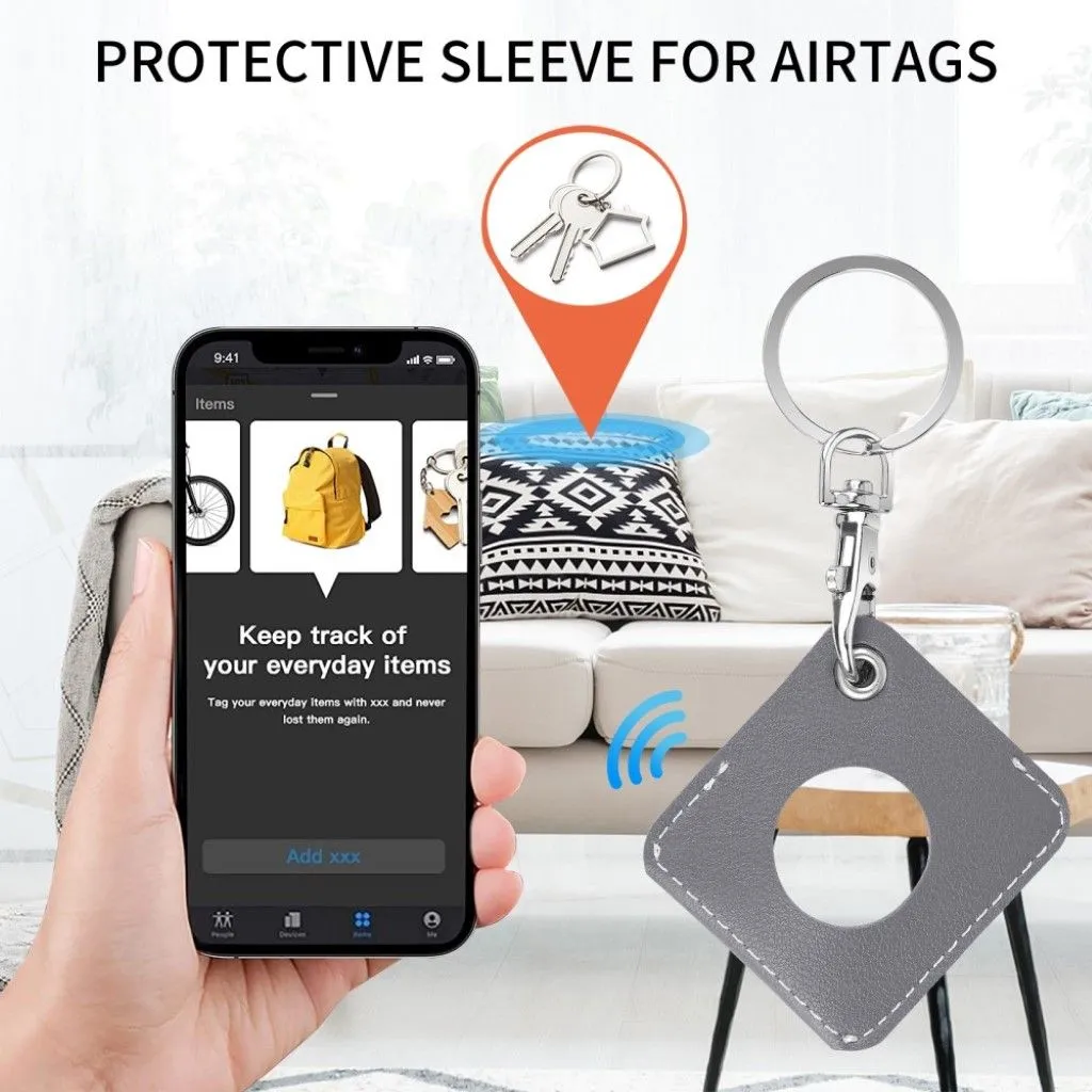 AirTags diamond shape leather cover with key ring - Grey