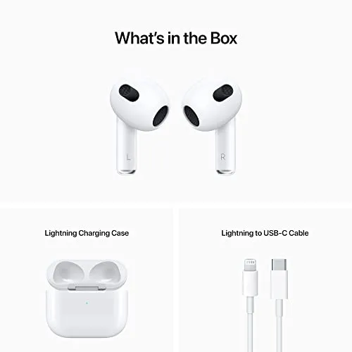 Apple AirPods (3rd Generation) Wireless Ear Buds, Bluetooth Headphones, Personalized Spatial Audio, Sweat and Water Resistant, Lightning Charging Case Included, Up to 30 Hours of Battery Life