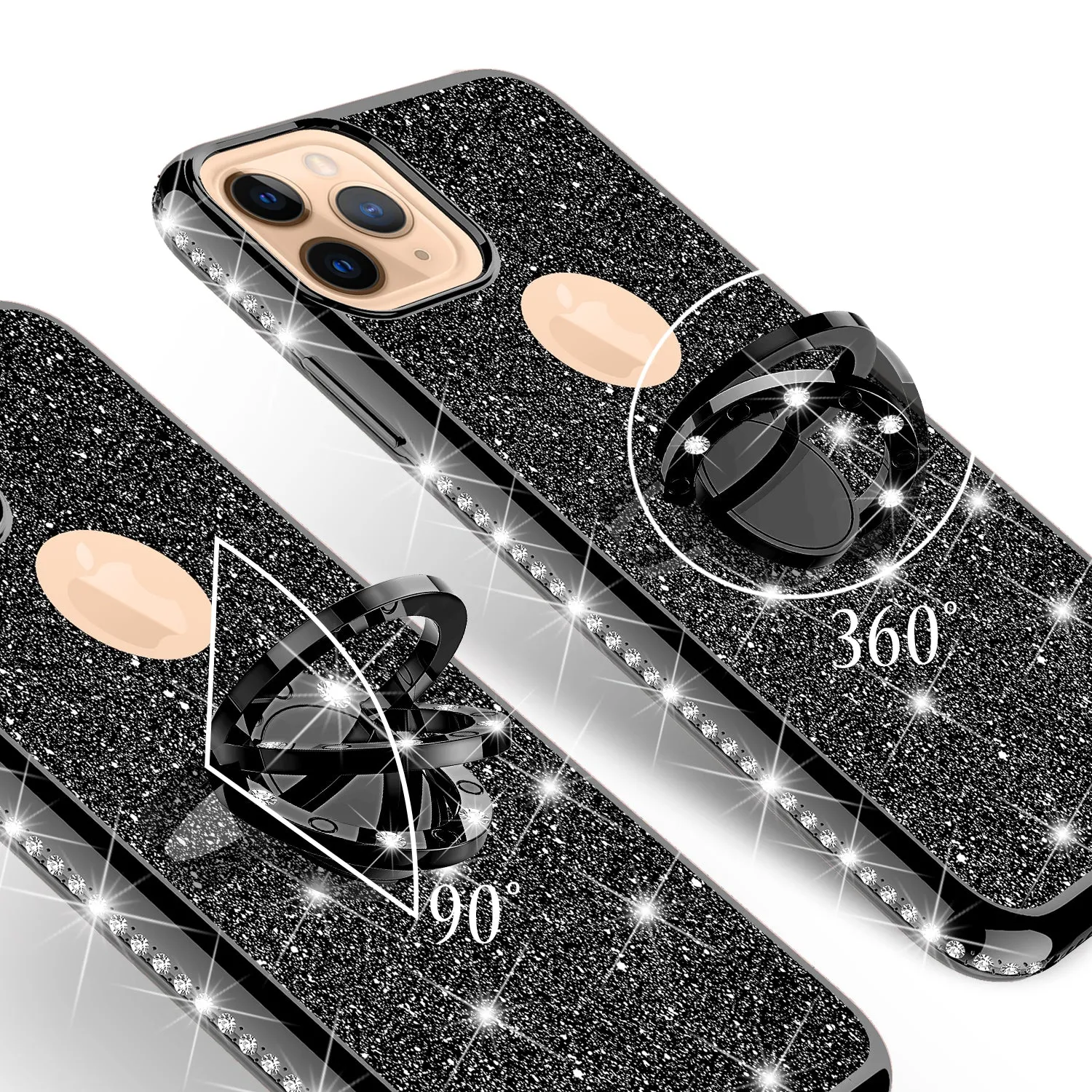 Apple iPhone 12 Pro Case, Glitter Cute Phone Case Girls with Kickstand,Bling Diamond Rhinestone Bumper Ring Stand Sparkly Luxury Clear Thin Soft Protective Apple iPhone 12 Pro Case for Girl Women - Black