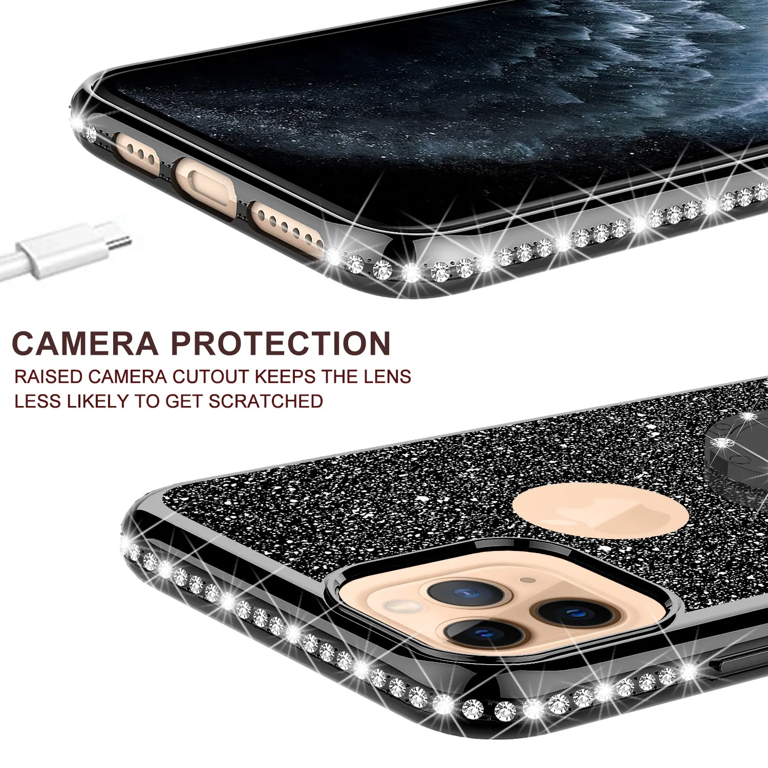 Apple iPhone 12 Pro Case, Glitter Cute Phone Case Girls with Kickstand,Bling Diamond Rhinestone Bumper Ring Stand Sparkly Luxury Clear Thin Soft Protective Apple iPhone 12 Pro Case for Girl Women - Black