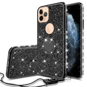 Apple iPhone 12 Pro Case, Glitter Cute Phone Case Girls with Kickstand,Bling Diamond Rhinestone Bumper Ring Stand Sparkly Luxury Clear Thin Soft Protective Apple iPhone 12 Pro Case for Girl Women - Black