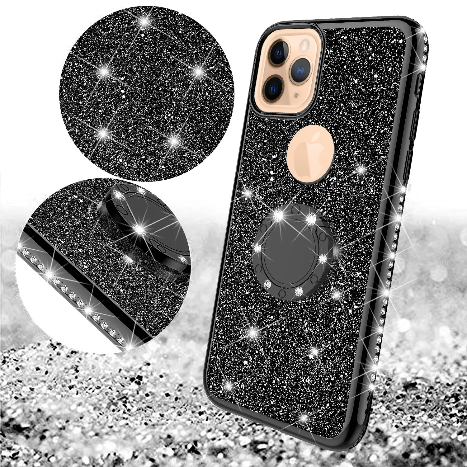 Apple iPhone 12 Pro Case, Glitter Cute Phone Case Girls with Kickstand,Bling Diamond Rhinestone Bumper Ring Stand Sparkly Luxury Clear Thin Soft Protective Apple iPhone 12 Pro Case for Girl Women - Black