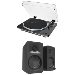 Audio Technica AT-LP70XBT Fully Automatic Bluetooth Wireless Turntable with Kanto ORA 100W Powered Reference Speakers HiFi Package Black