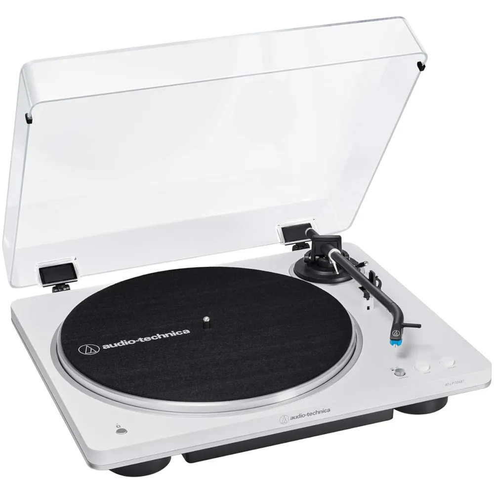 Audio Technica AT-LP70XBT Fully Automatic Bluetooth Wireless Turntable with Kanto ORA 100W Powered Reference Speakers HiFi Package White