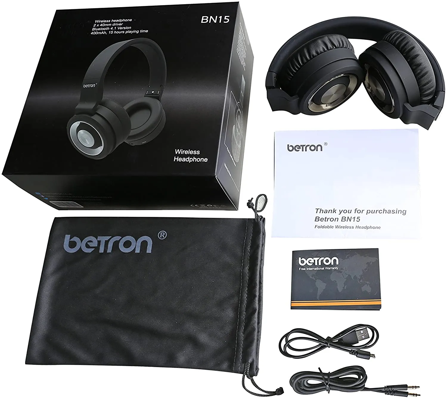 Betron BN15 Wireless Headphones With Mic On-Board Volume Control On-Ear Foldable Bluetooth Black