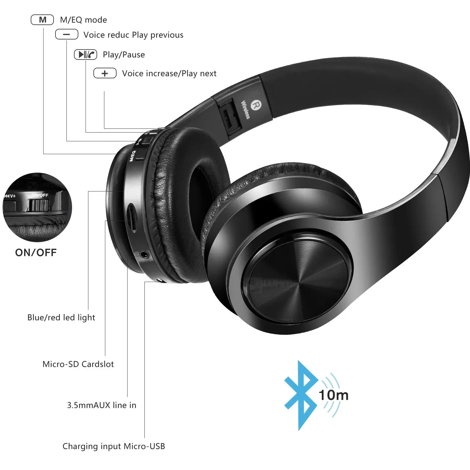 Bluetooth Headphones over Ear, LUXMO Wireless Noise Cancelling Headphones Foldable Stereo Headset with Mic, Rechargeable Headphones Handsfree Headphones for PC, Laptops and Smartphones