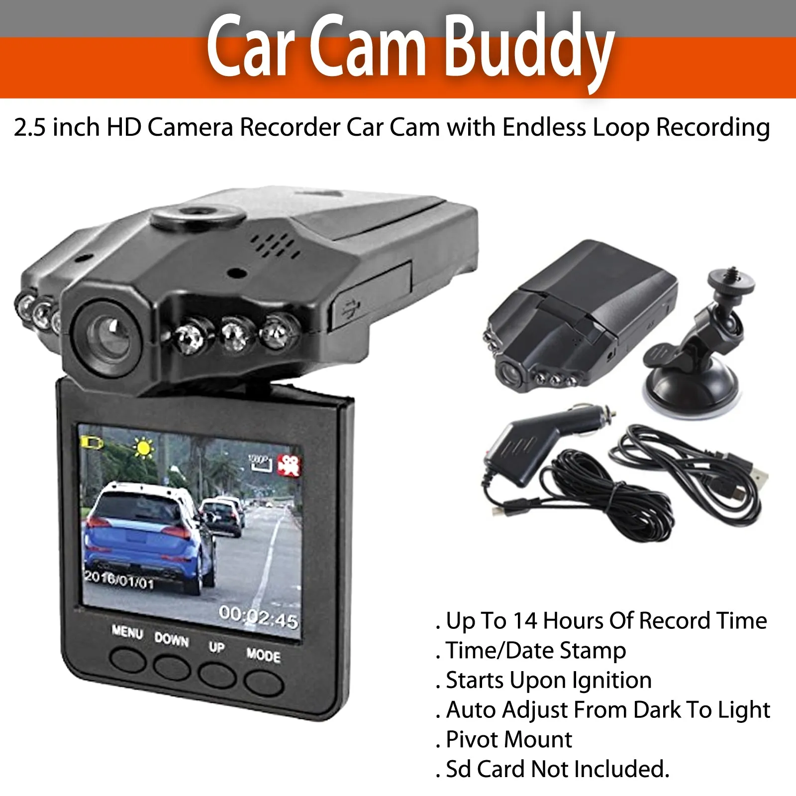 Car Cam Buddy - 2.5 inch HD Camera Recorder Car Cam with Endless Loop Recording