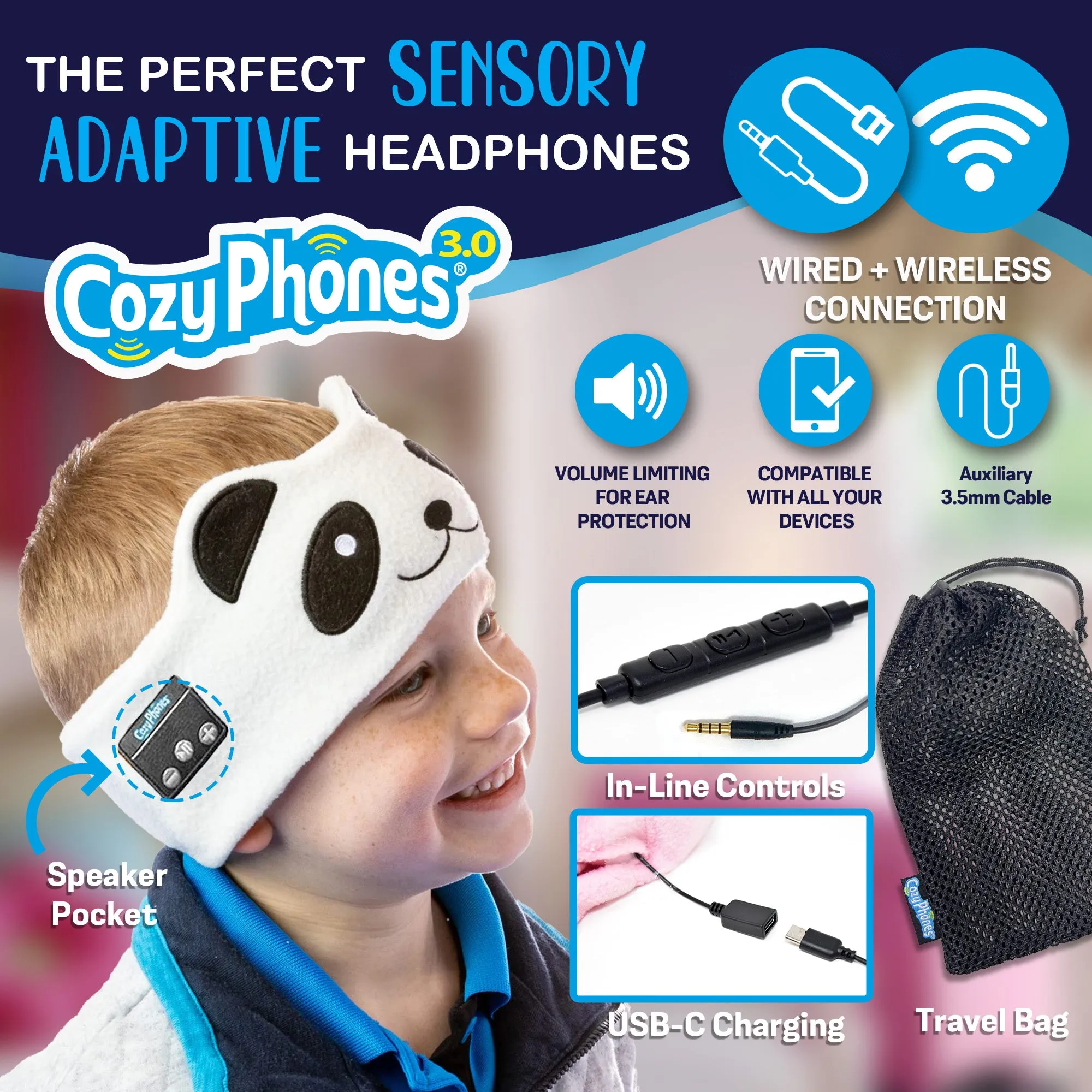 CozyPhones Sensory Adaptive Wireless / Wired Headband Headphones - Panda