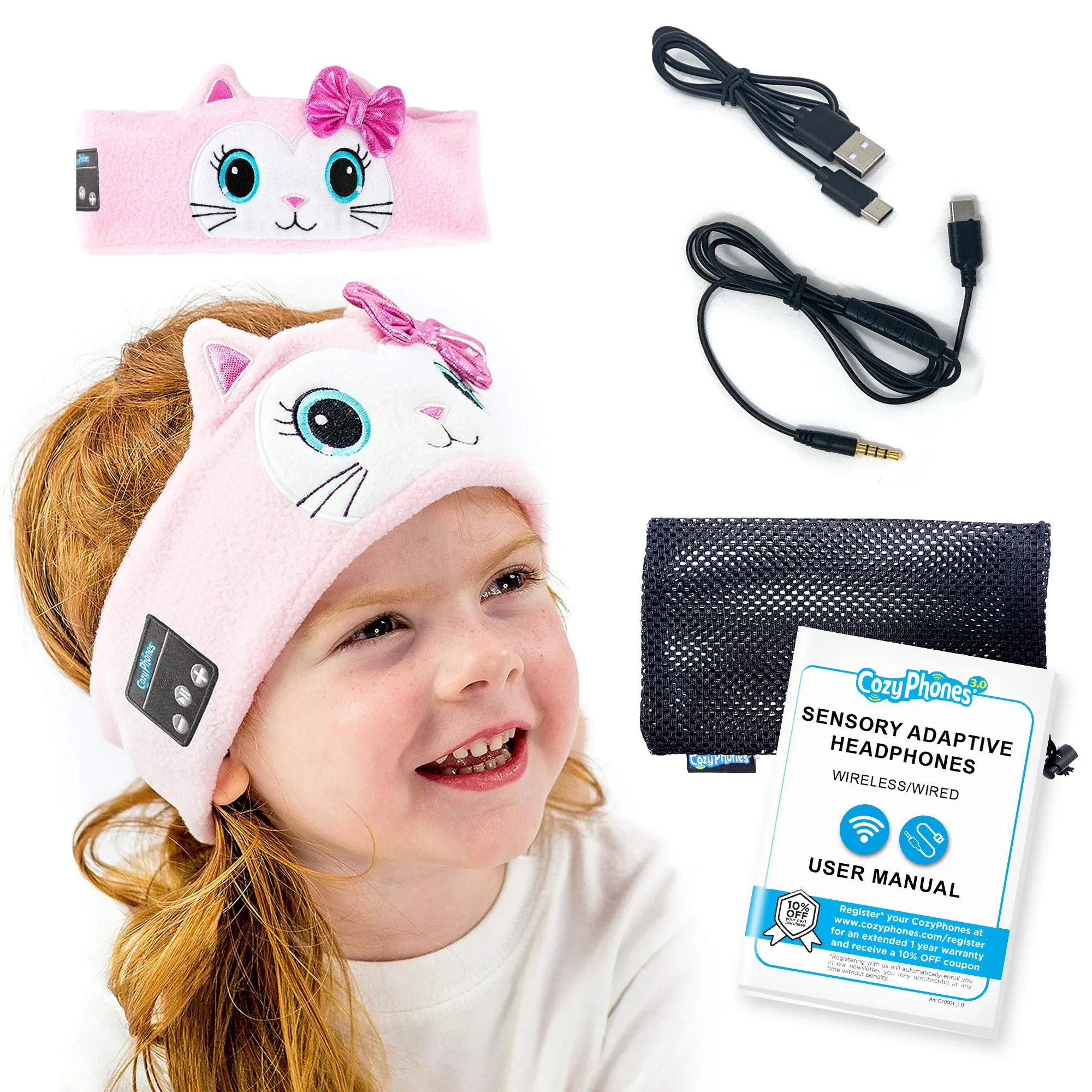 CozyPhones Sensory Adaptive Wireless / Wired Headband Headphones - Pink Kitty