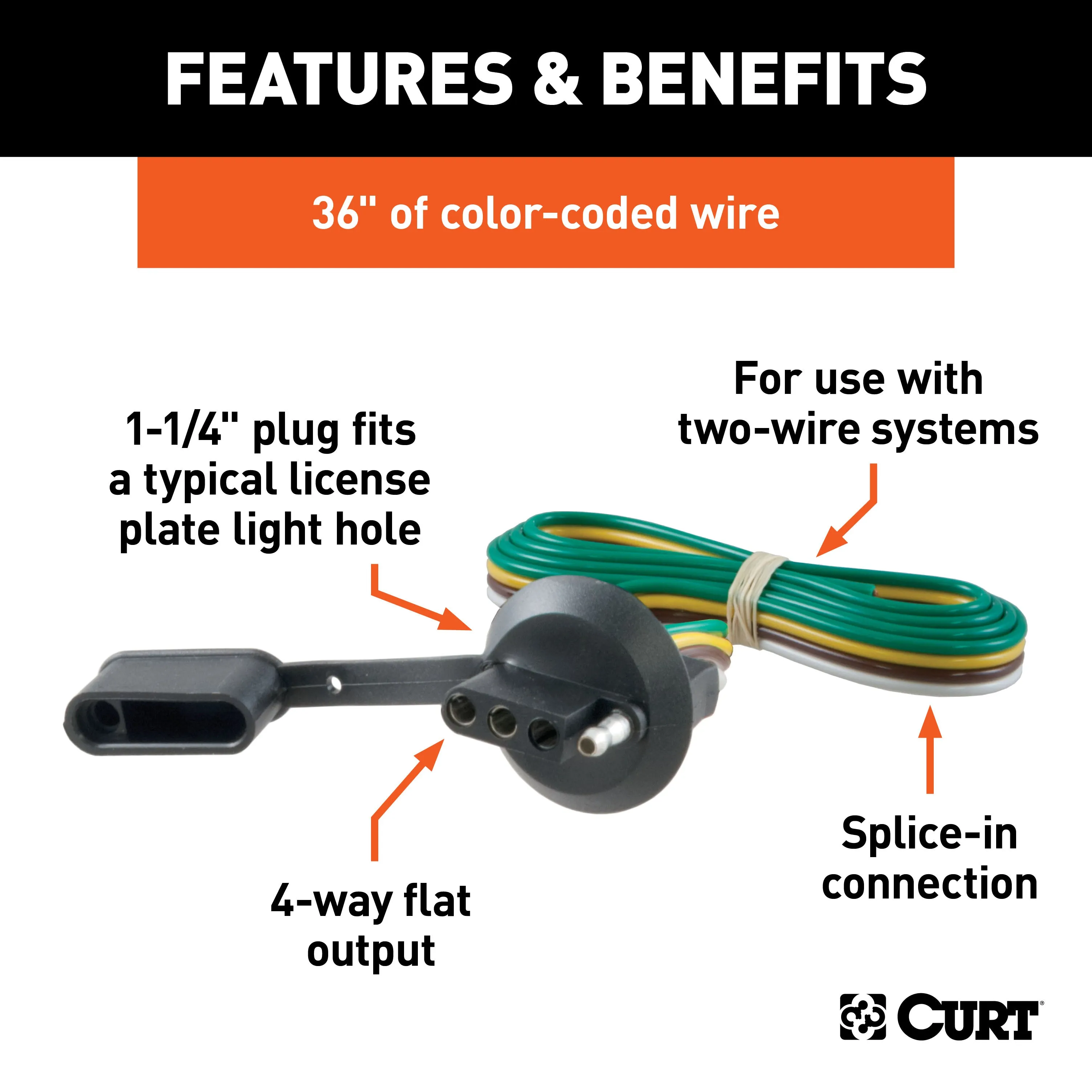 CURT 57406 4-Way Flat License Plate Light Plug Connector Socket with 60in. Wires (Packaged)