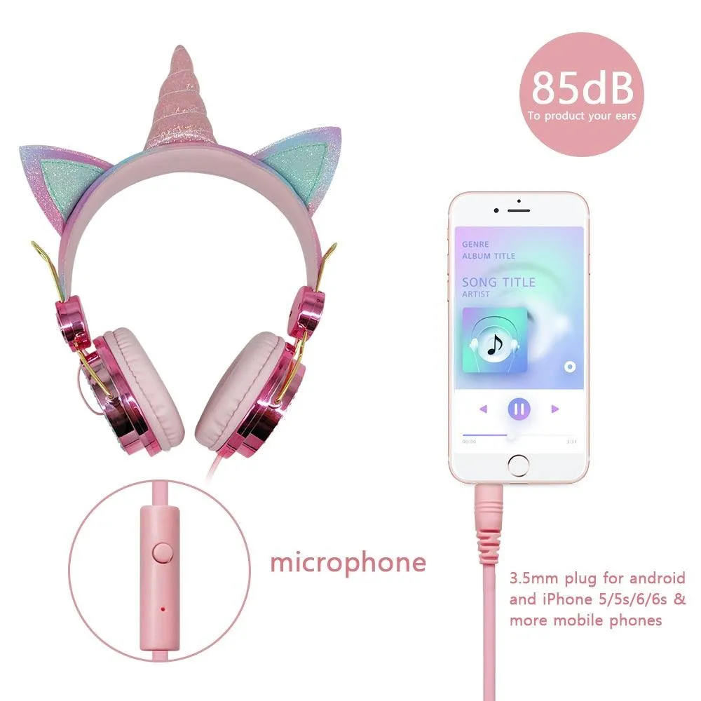 Cute Unicorn Headphones 3D Stereo Music Kids Headphones With Microphone Girls Cell Phone Children&#39;s Wired Headset Gamer Gift