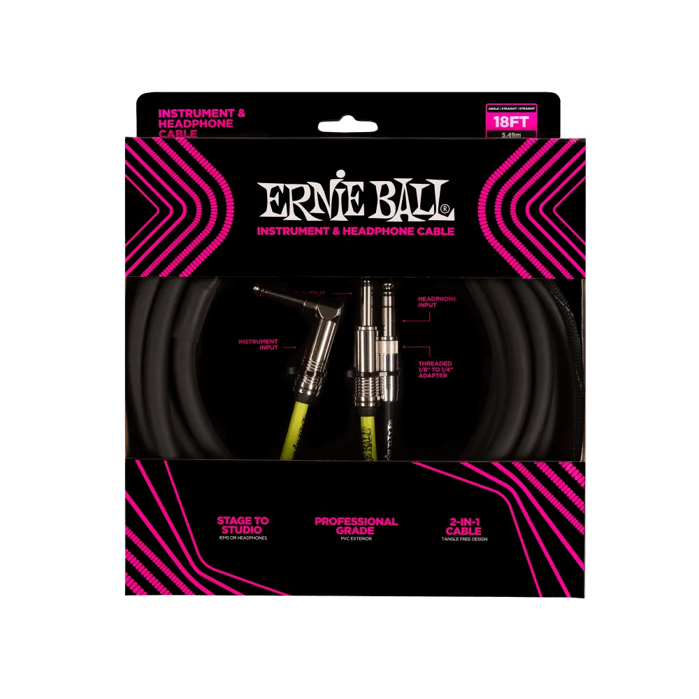 Ernie Ball 1/4" Ts Male To 1/4" Ts Male  Instrument & Headphone Combo Cable  - 18'