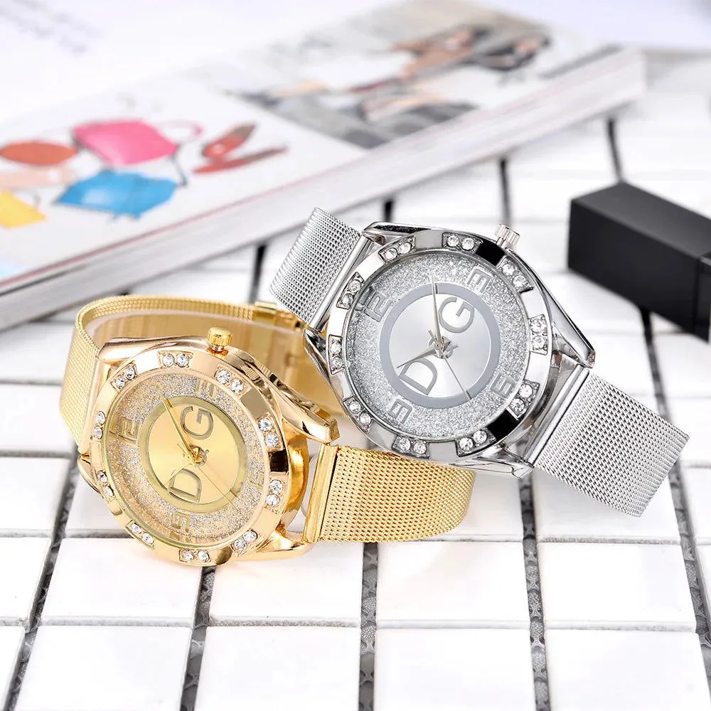 Fashion Luxury Watch Dqg Crystal Quartz Female Watch Gold Silver Stainless Steel Ladies Dress Watch Zegarek Damski