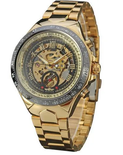 Fashion Steel Men Clock Winner Brand Stylish Design Classic Mechanical Self Wind Wrist Dress Skeleton Automatic Watch