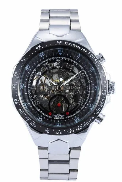 Fashion Steel Men Clock Winner Brand Stylish Design Classic Mechanical Self Wind Wrist Dress Skeleton Automatic Watch