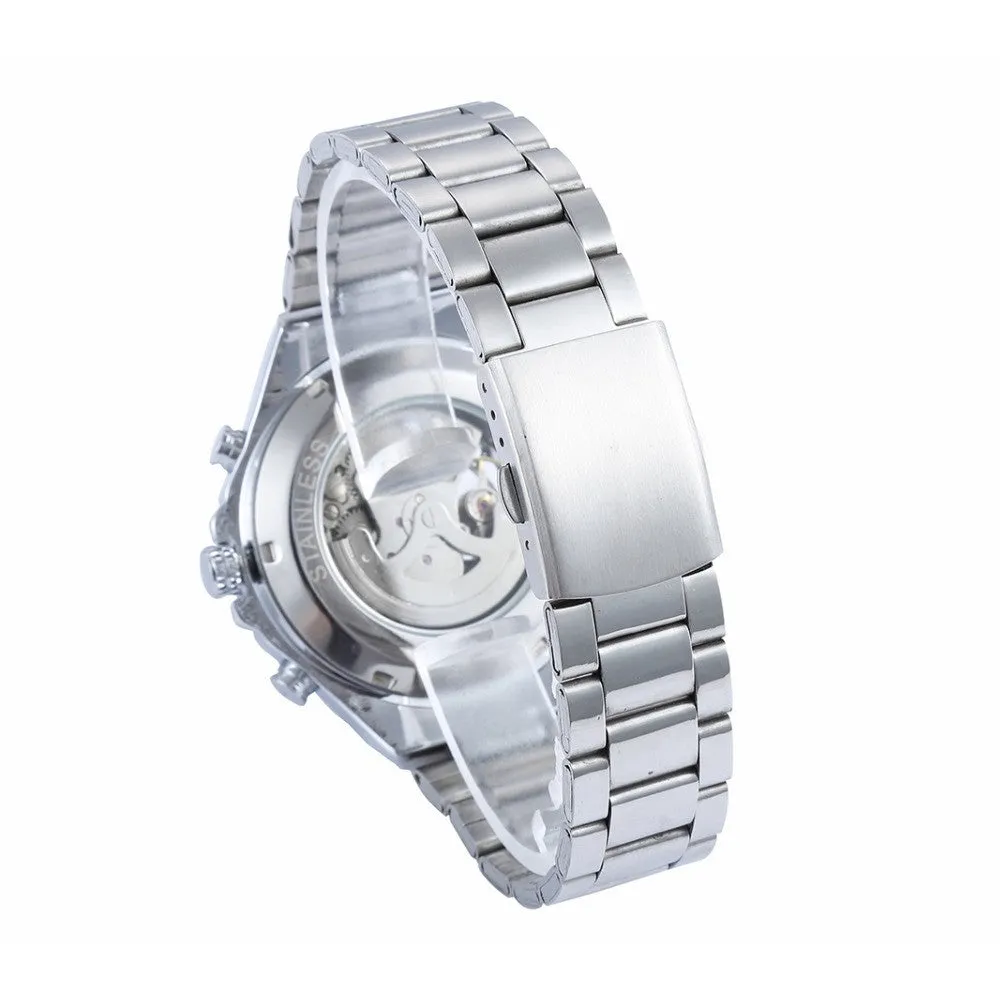 Fashion Steel Men Clock Winner Brand Stylish Design Classic Mechanical Self Wind Wrist Dress Skeleton Automatic Watch