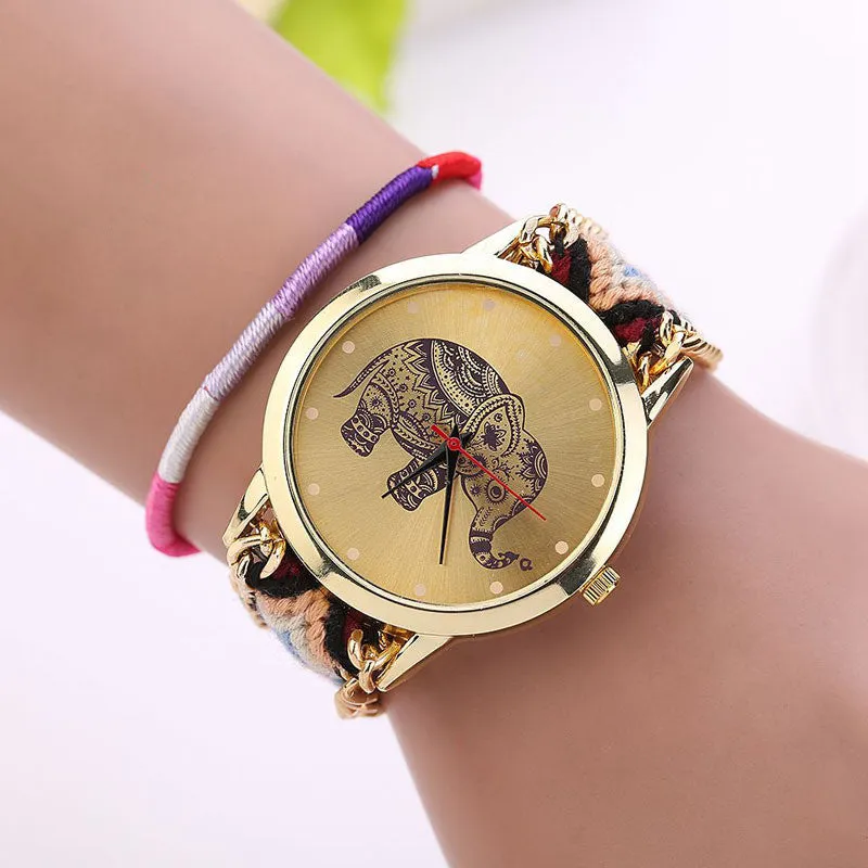 Fashion Women Girl Handmade Weaved Braided Elephant Bracelet Dial Quarzt Watch