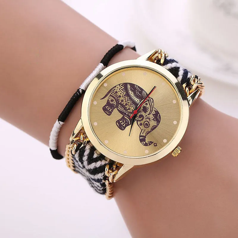 Fashion Women Girl Handmade Weaved Braided Elephant Bracelet Dial Quarzt Watch