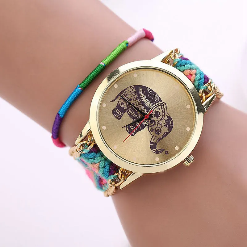 Fashion Women Girl Handmade Weaved Braided Elephant Bracelet Dial Quarzt Watch