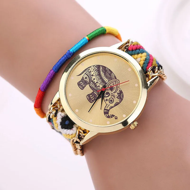 Fashion Women Girl Handmade Weaved Braided Elephant Bracelet Dial Quarzt Watch