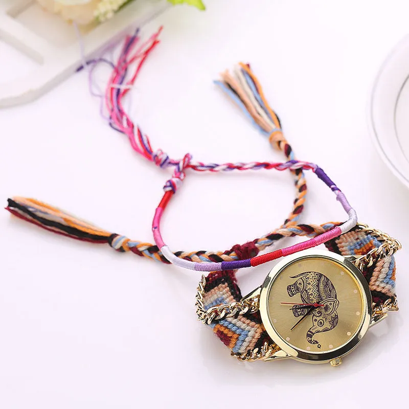 Fashion Women Girl Handmade Weaved Braided Elephant Bracelet Dial Quarzt Watch