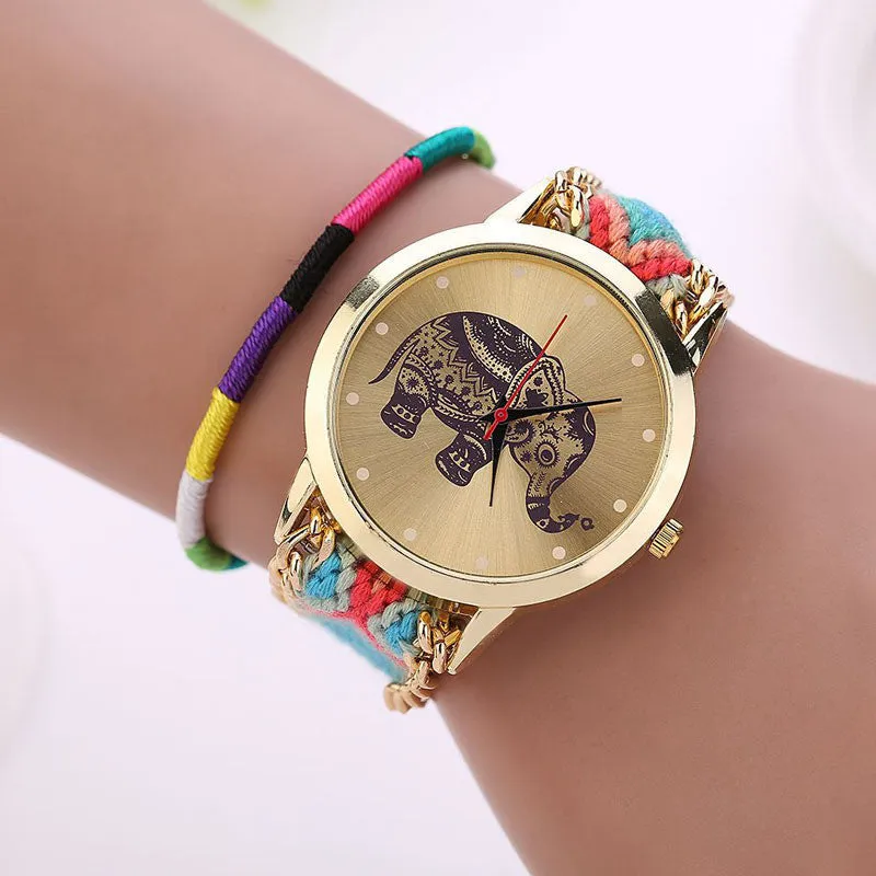 Fashion Women Girl Handmade Weaved Braided Elephant Bracelet Dial Quarzt Watch