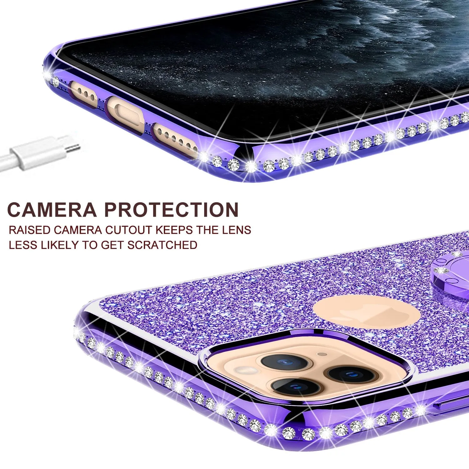 For Apple iPhone 13 Case, Glitter Cute Phone Case Girls with Kickstand,Bling Diamond Rhinestone Bumper Ring Stand Sparkly Luxury Clear Thin Soft Protective Apple iPhone 13 Case for Girl Women - Purple