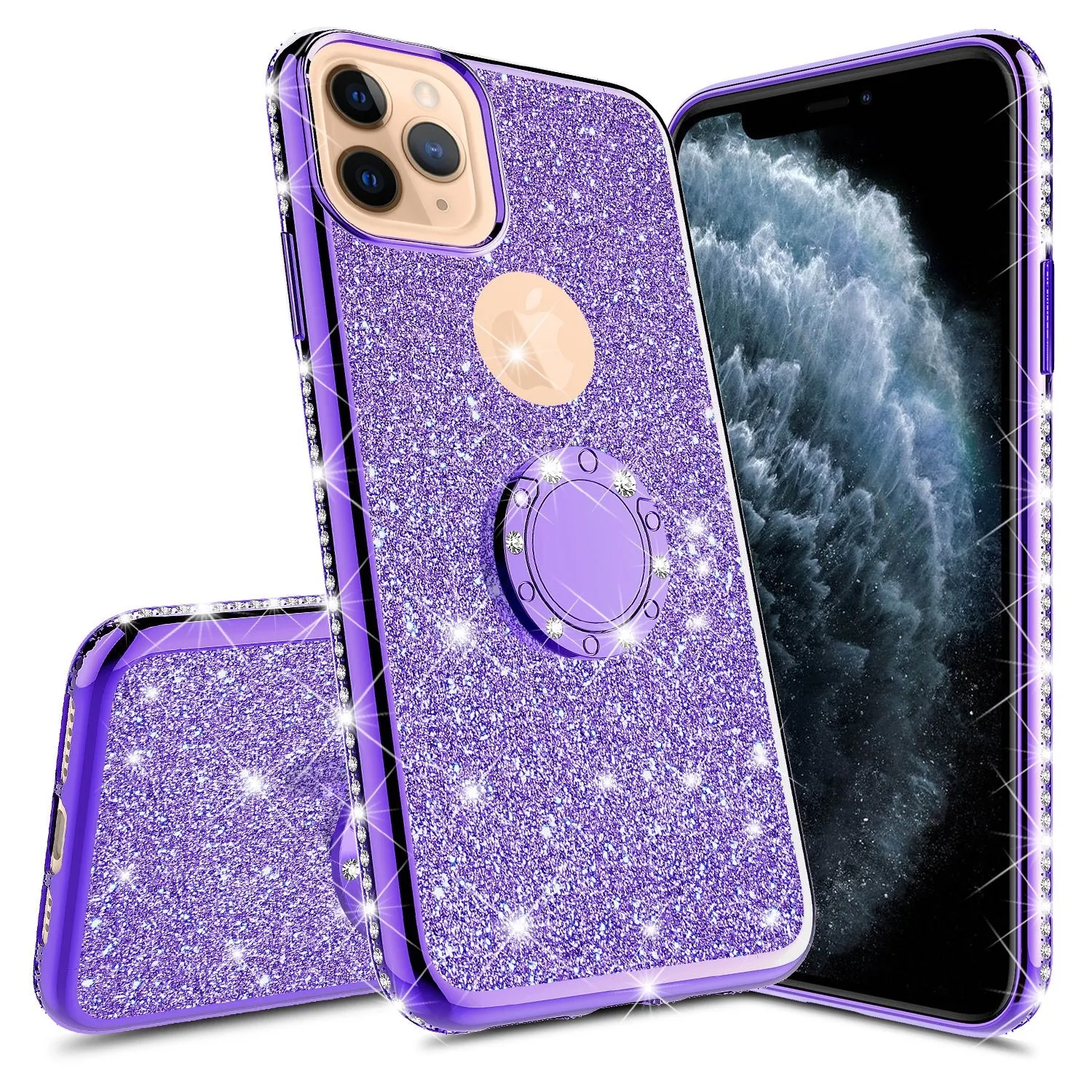 For Apple iPhone 13 Case, Glitter Cute Phone Case Girls with Kickstand,Bling Diamond Rhinestone Bumper Ring Stand Sparkly Luxury Clear Thin Soft Protective Apple iPhone 13 Case for Girl Women - Purple