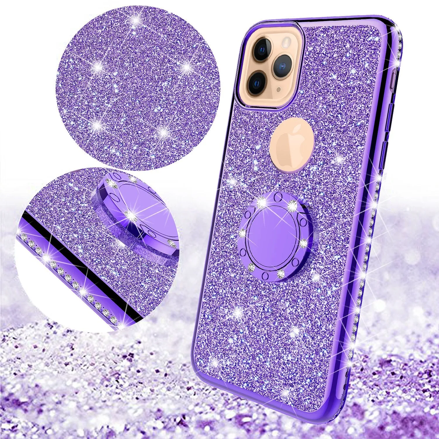 For Apple iPhone 13 Case, Glitter Cute Phone Case Girls with Kickstand,Bling Diamond Rhinestone Bumper Ring Stand Sparkly Luxury Clear Thin Soft Protective Apple iPhone 13 Case for Girl Women - Purple