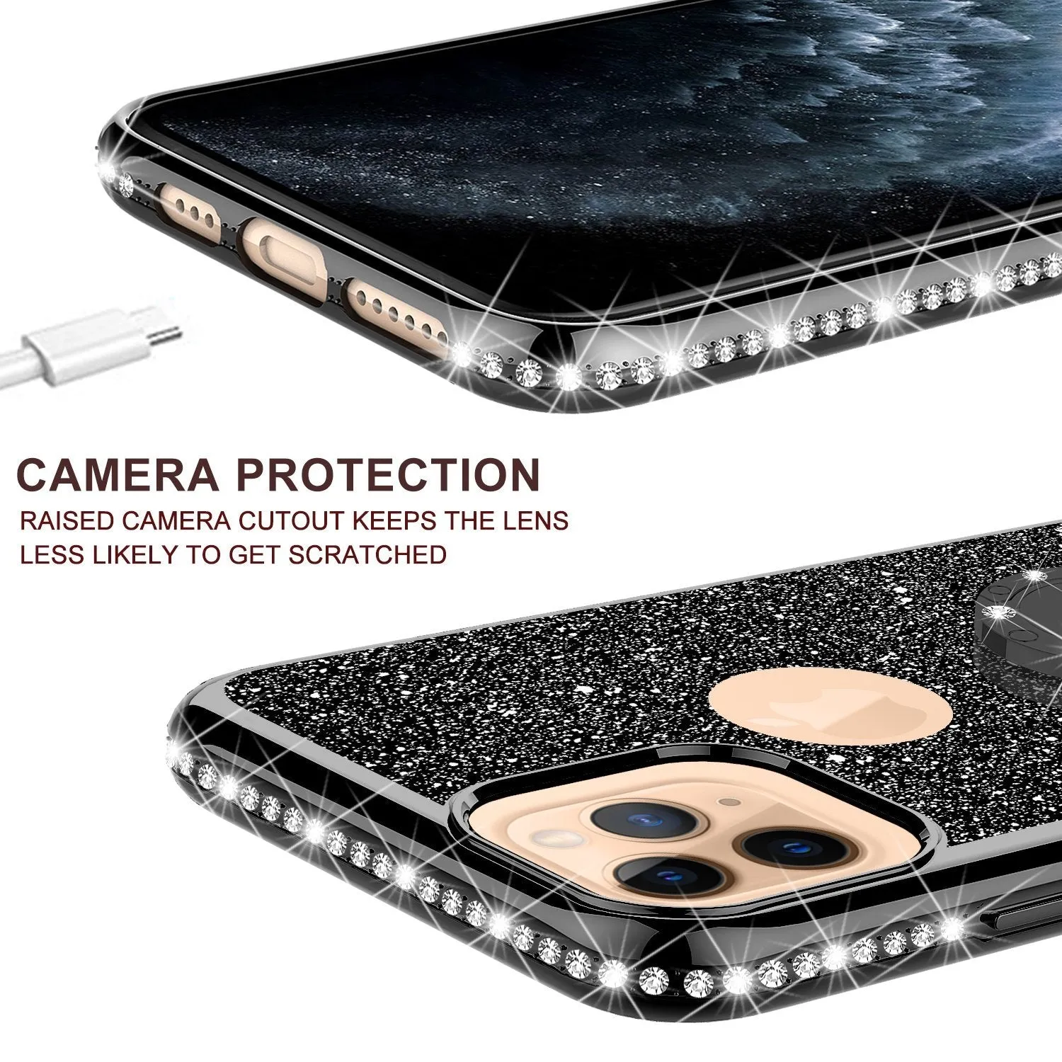 For Apple iPhone 13 Pro Case, Glitter Cute Phone Case Girls with Kickstand,Bling Diamond Rhinestone Bumper Ring Stand Sparkly Luxury Clear Thin Soft Protective Apple iPhone 13 Pro Case for Girl Women - Black