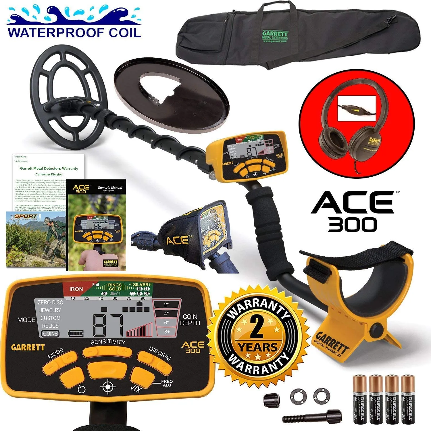 Garrett ACE 300 Metal Detector with Waterproof Search Coil and Carry Bag