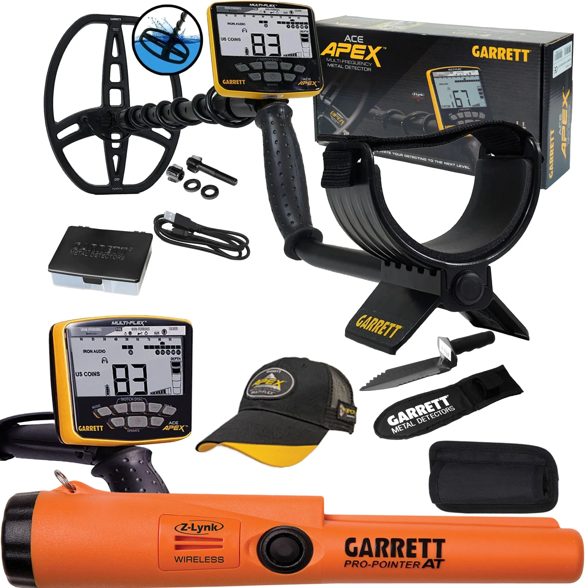 Garrett ACE APEX Metal Detector with 8.5 x 11 Multi-Flex Raider Coil Pinpointer Bundle