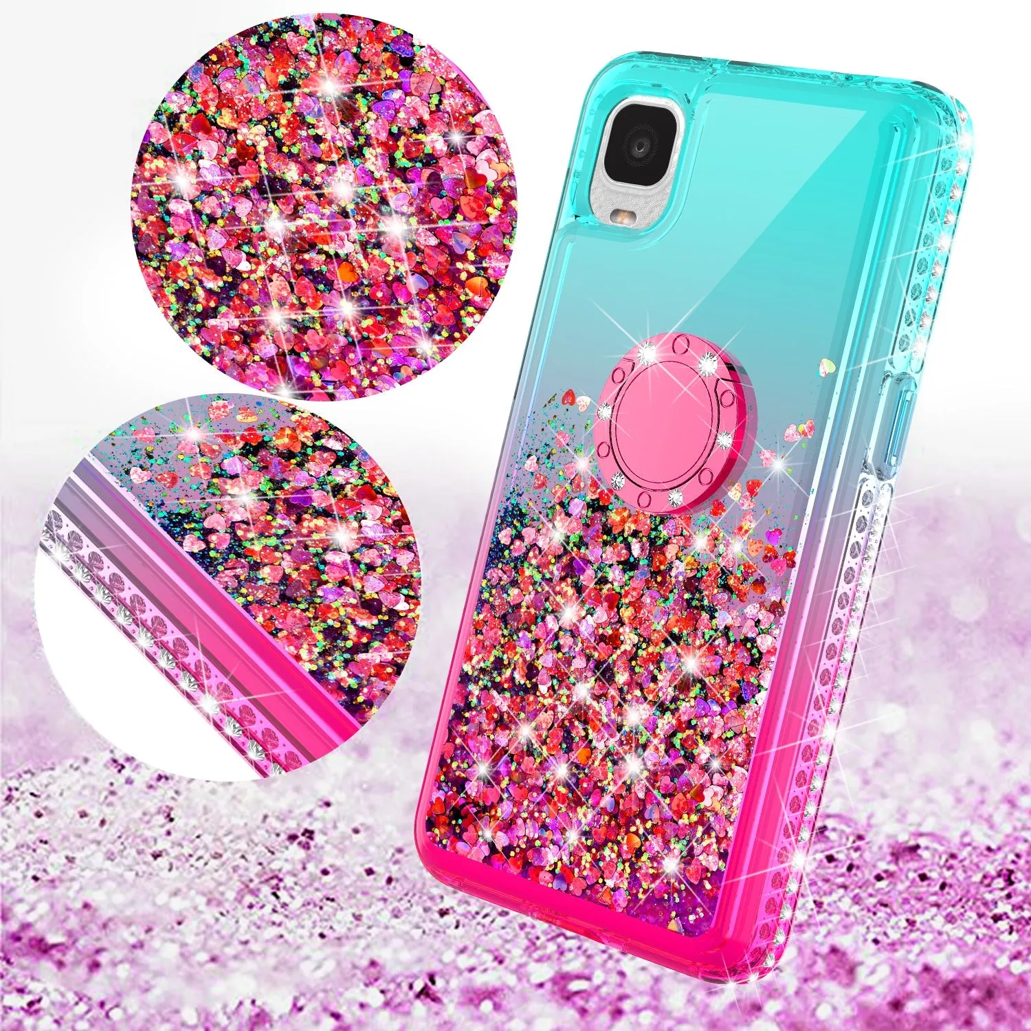 Glitter Phone Case Kickstand Compatible for TCL Ion Z/A3Case, TCL Ion Z/A3 Case,Ring Stand Liquid Floating Quicksand Bling Sparkle Protective Girls Women for TCL Ion Z/A3 W/Temper Glass - (Teal/Pink Gradient)