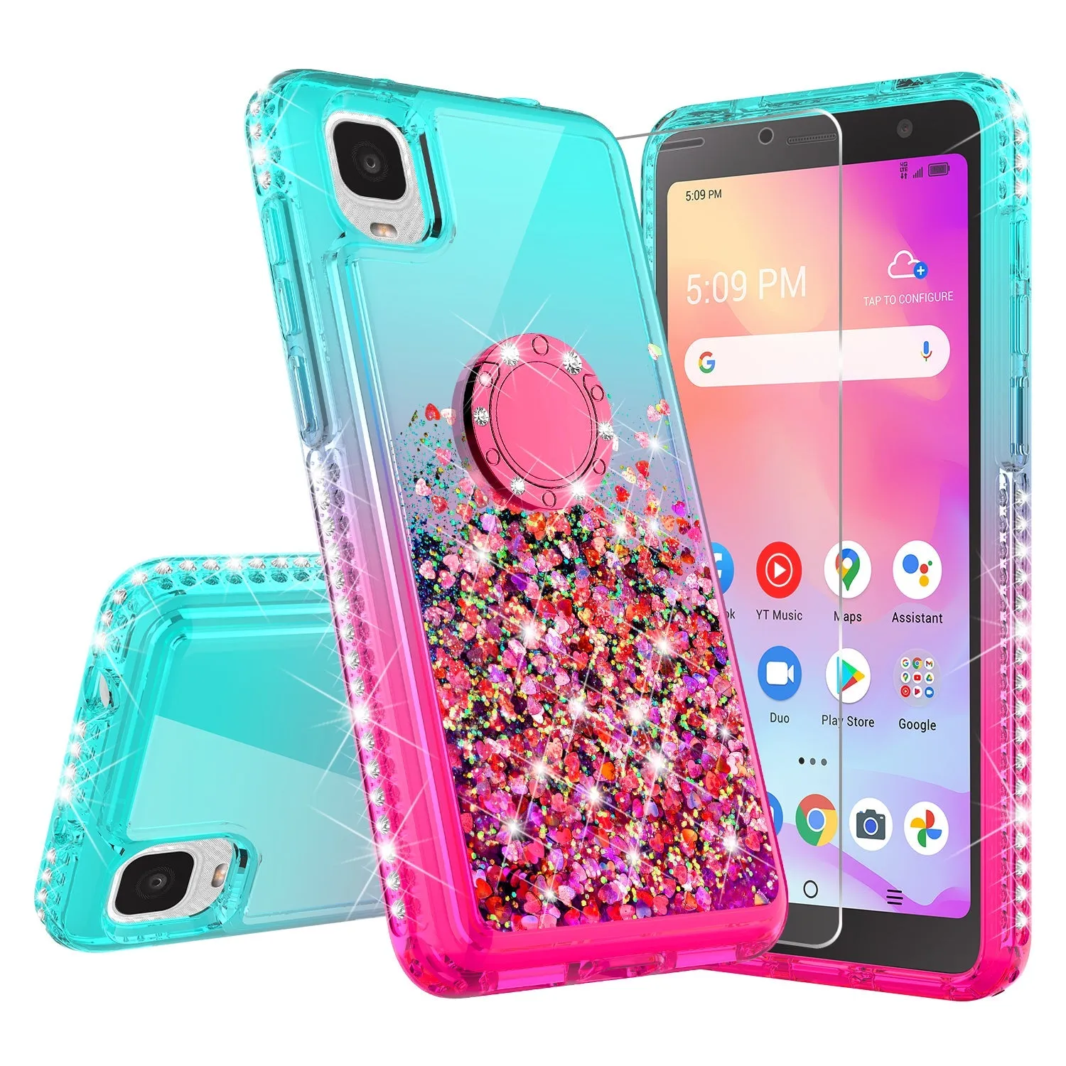 Glitter Phone Case Kickstand Compatible for TCL Ion Z/A3Case, TCL Ion Z/A3 Case,Ring Stand Liquid Floating Quicksand Bling Sparkle Protective Girls Women for TCL Ion Z/A3 W/Temper Glass - (Teal/Pink Gradient)