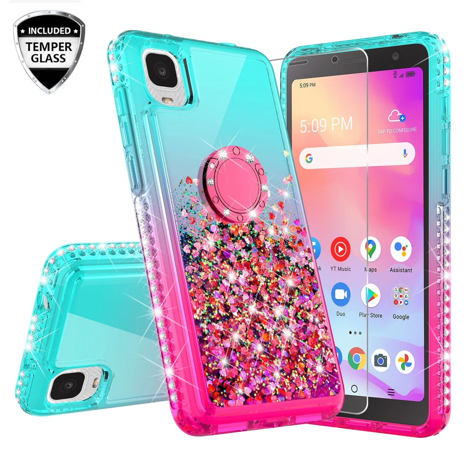 Glitter Phone Case Kickstand Compatible for TCL Ion Z/A3Case, TCL Ion Z/A3 Case,Ring Stand Liquid Floating Quicksand Bling Sparkle Protective Girls Women for TCL Ion Z/A3 W/Temper Glass - (Teal/Pink Gradient)