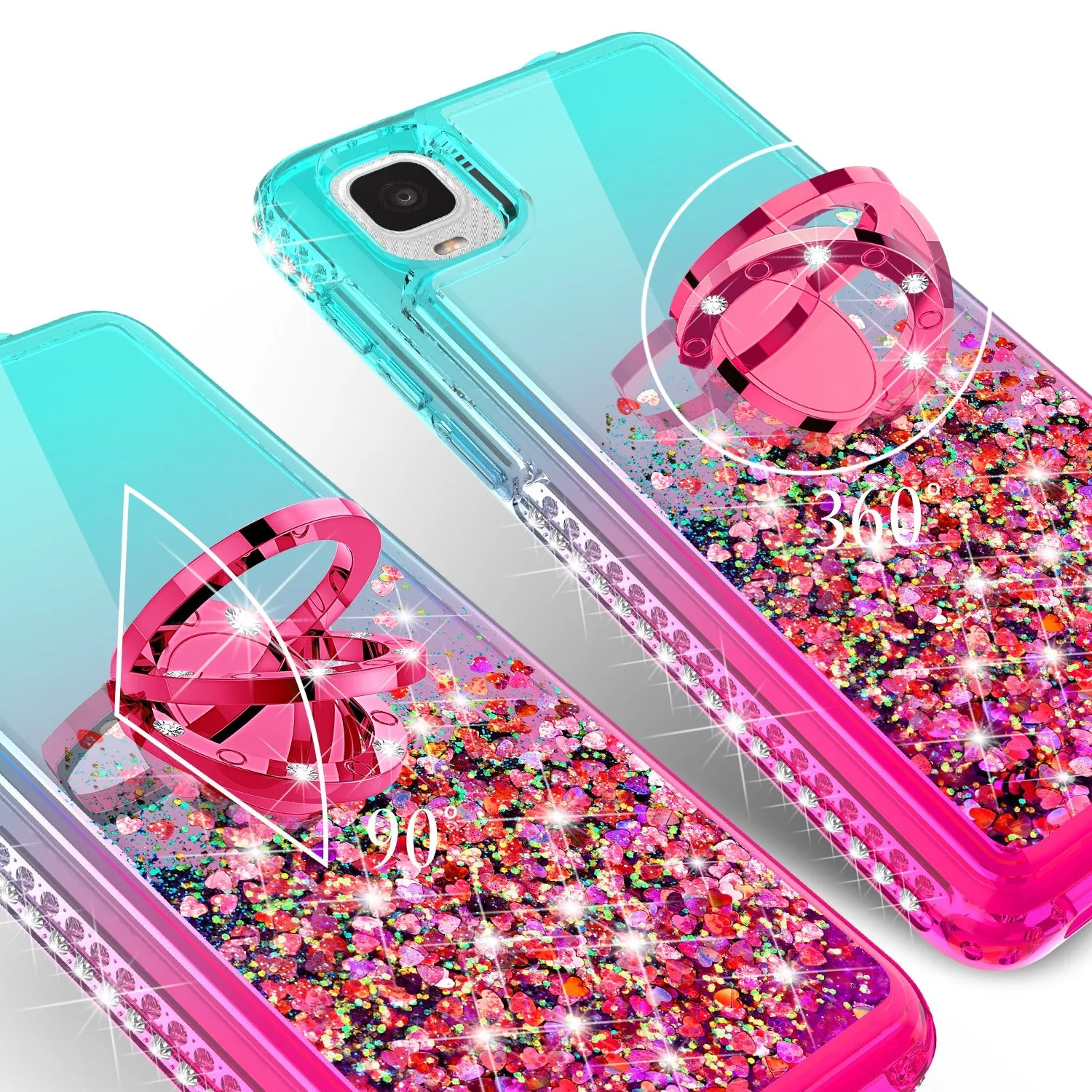 Glitter Phone Case Kickstand Compatible for TCL Ion Z/A3Case, TCL Ion Z/A3 Case,Ring Stand Liquid Floating Quicksand Bling Sparkle Protective Girls Women for TCL Ion Z/A3 W/Temper Glass - (Teal/Pink Gradient)