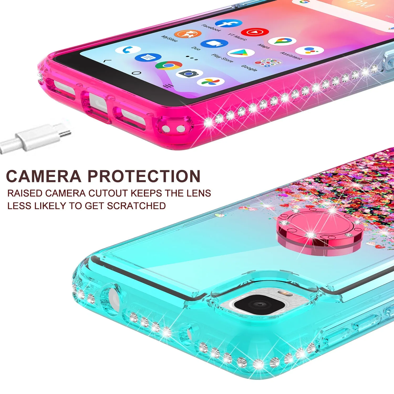 Glitter Phone Case Kickstand Compatible for TCL Ion Z/A3Case, TCL Ion Z/A3 Case,Ring Stand Liquid Floating Quicksand Bling Sparkle Protective Girls Women for TCL Ion Z/A3 W/Temper Glass - (Teal/Pink Gradient)